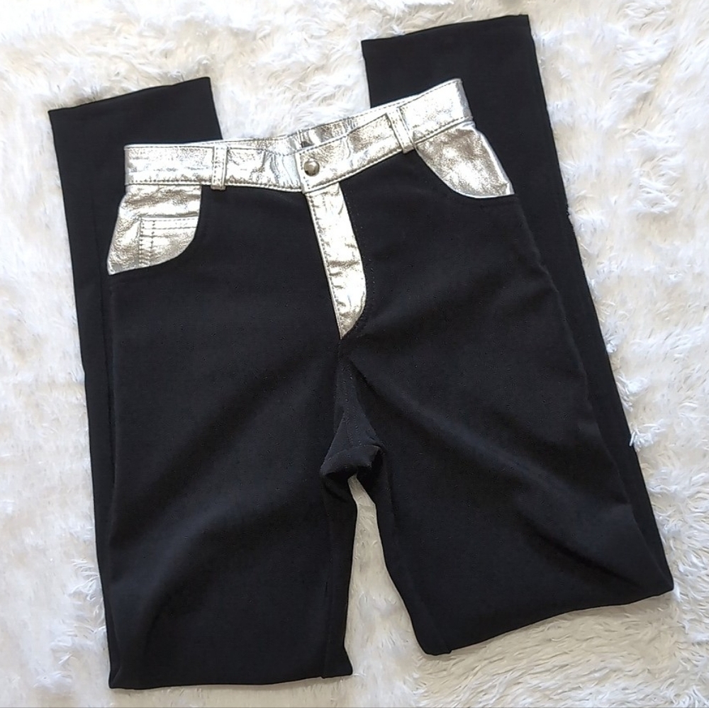 80s Genuine Silver Leather Trim Twins Colorblock Cybergoth Cigarette Pant